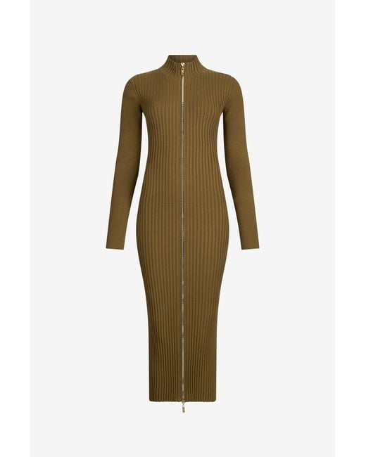 Roberto Cavalli Green Ribbed-Knit Zip-Front Midi Dress