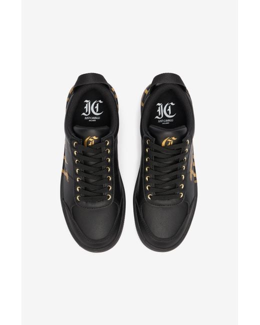 Roberto Cavalli Black Sneakers With Golden Graffiti Logo