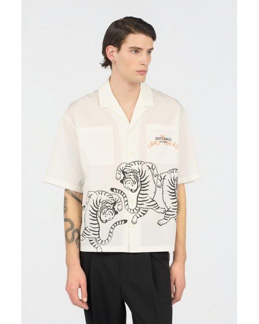 Roberto Cavalli White Ivory Shirt With Tigers And Logo for men