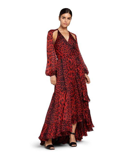 Roberto Cavalli Red Kleid Aus Seide Mit Leopardenmuster Und Cut-Outs