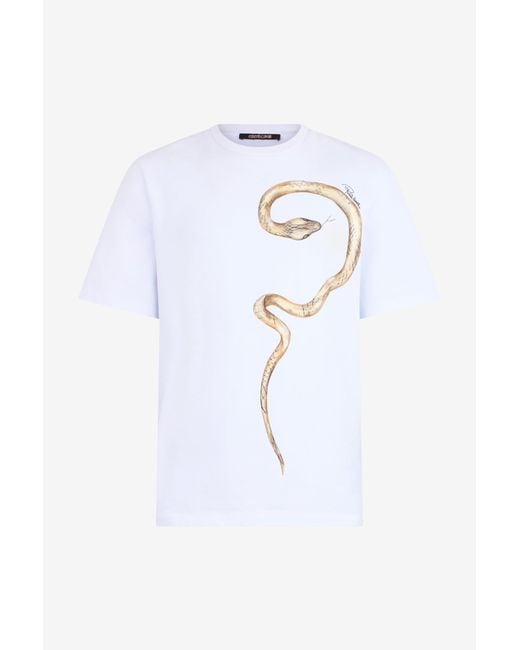 Roberto Cavalli Blue T-Shirt With Printed Snake for men