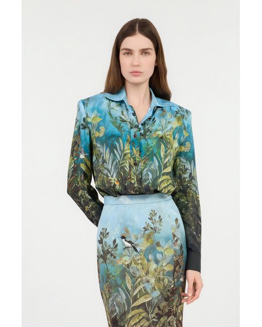 Roberto Cavalli Green Eden Print Silk Shirt