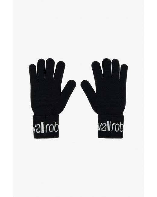 Roberto Cavalli Black Wool Blend Gloves With Logo