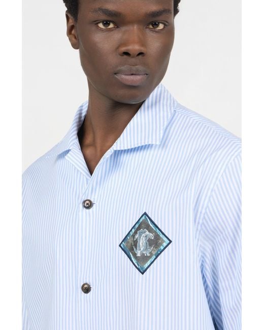 Roberto Cavalli Blue Striped Cotton Shirt With Monogram Rc Patch for men
