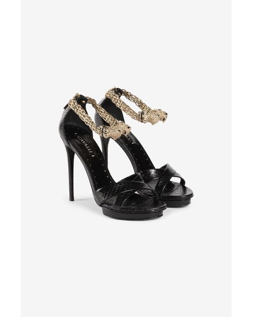 Roberto Cavalli Black Crystal-Embellished Panther Head Sandals