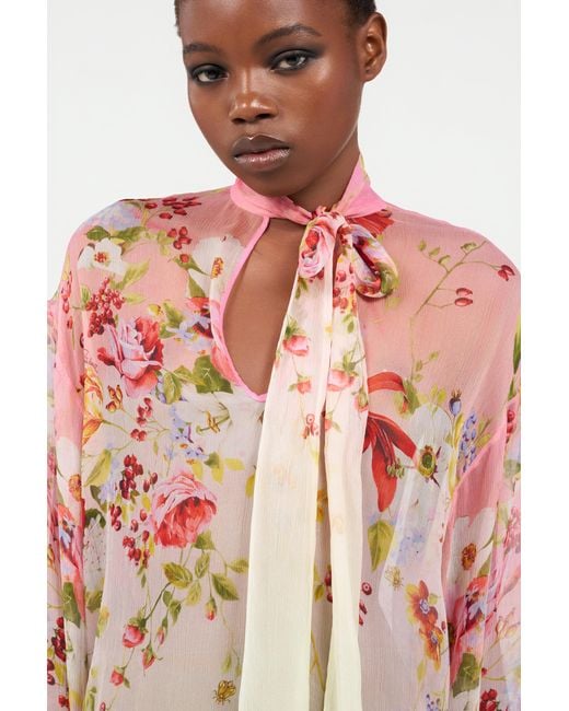 Roberto Cavalli Pink Chiffon Blouse With Miami Flowers Print