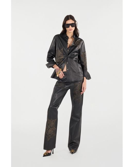 Roberto Cavalli Black Leather Shirt With Perforated Roses