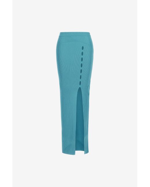 Roberto Cavalli Blue Ribbed Long Skirt With Cut-Out