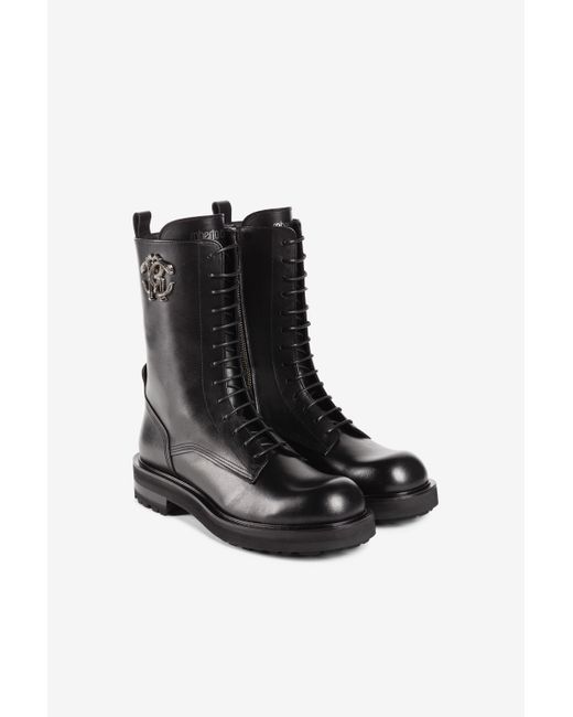 Roberto Cavalli Black Logo-Plaque Leather Boots for men