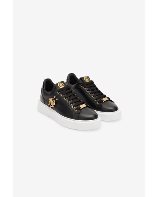 Roberto Cavalli Black Leather Sneakers With Golden Details