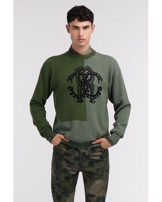 Roberto Cavalli Green Two-Tone Sweater With Monogram Rc for men