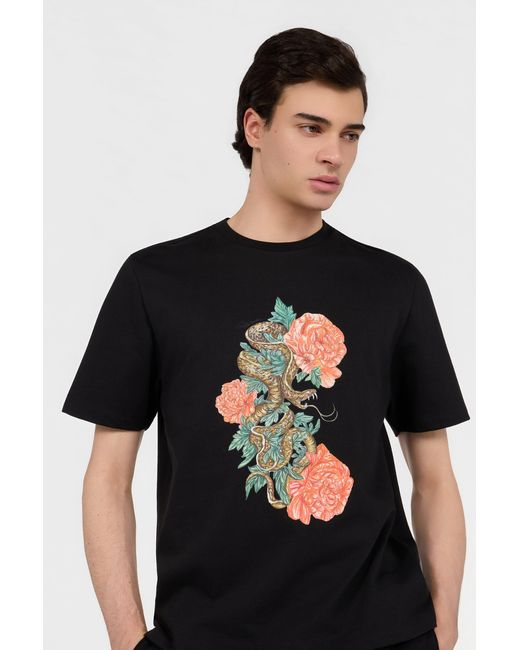 Roberto Cavalli Black T-Shirt With Snake Floral Print for men