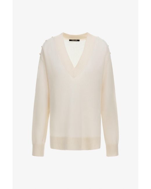 Roberto Cavalli White Long-Sleeved V-Neck Jumper
