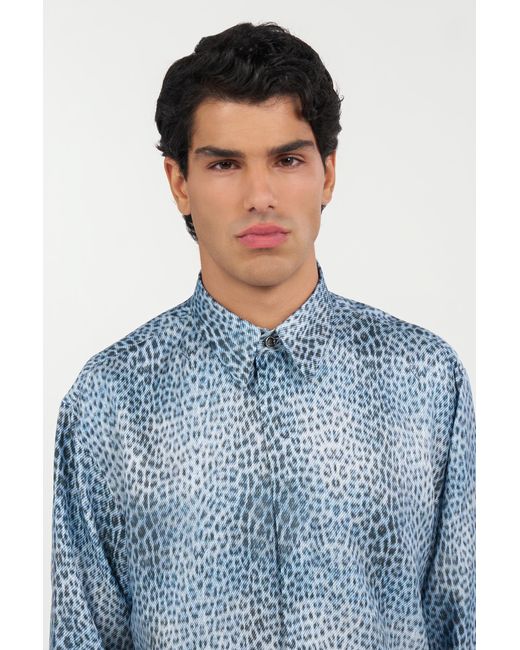 Roberto Cavalli Blue Silk Shirt With Baby Jaguar Print for men