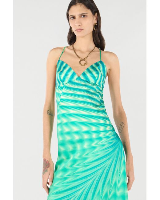 Roberto Cavalli Green Asymmetric Dress With All-Over Print