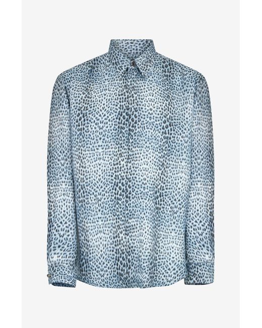 Roberto Cavalli Blue Silk Shirt With Baby Jaguar Print for men
