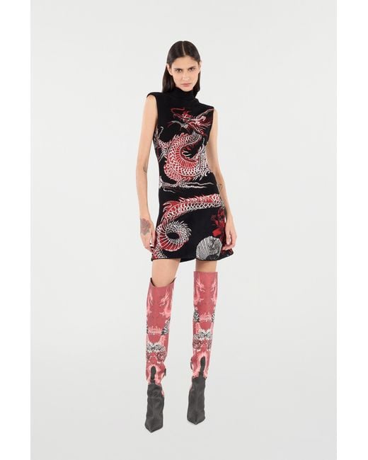 Roberto Cavalli Black Mini Dress With Floral And Dragon Pattern