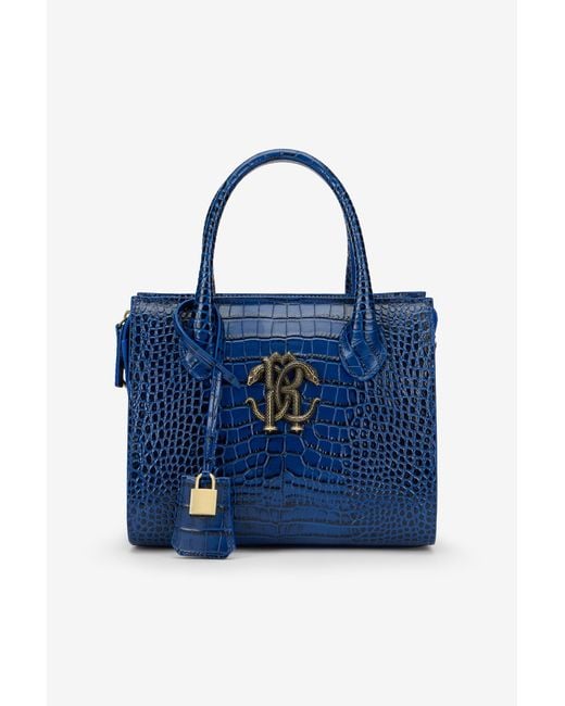 Roberto Cavalli Blue Croc-Effect Top Handle Bag
