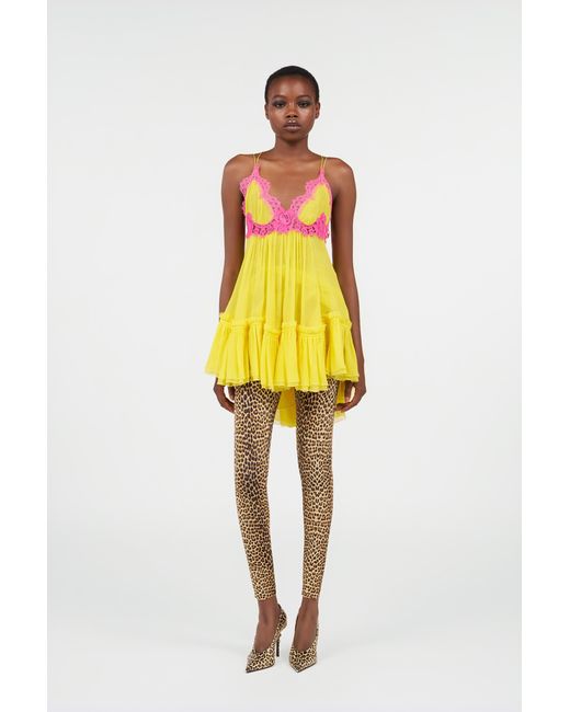 Roberto Cavalli Yellow Chiffon Dress With Lace Detail