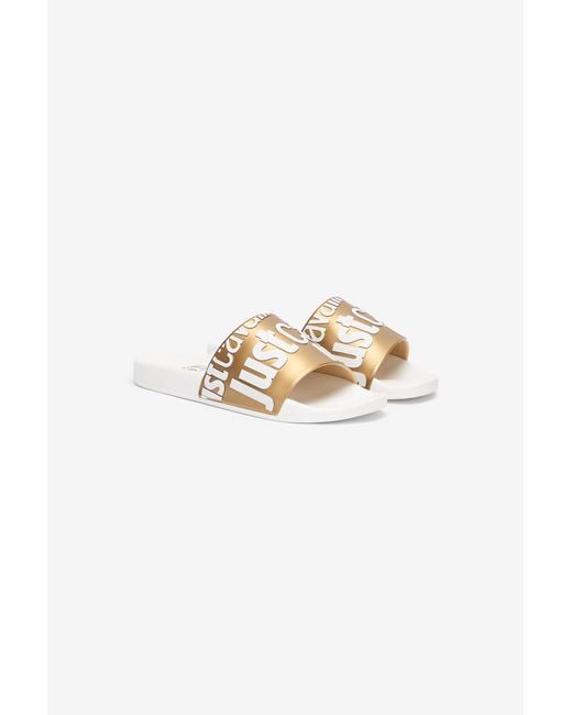 Roberto Cavalli Multicolor Slides With Lettering And Golden Band