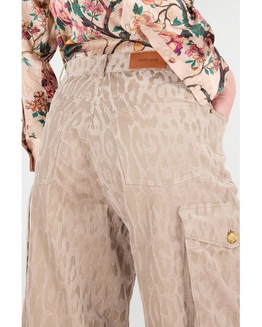 Roberto Cavalli Natural Cargo Pants With All-Over Jaguar Skin Pattern