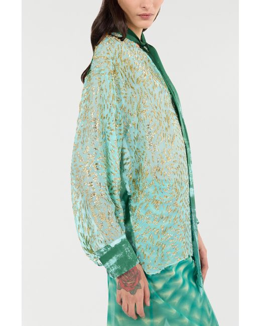 Roberto Cavalli Green Silk-Blend Blouse With Radiant Pattern