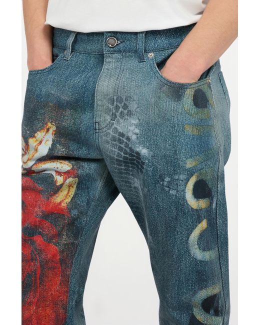 Roberto Cavalli Blue Jeans With Rose And Snake Print for men