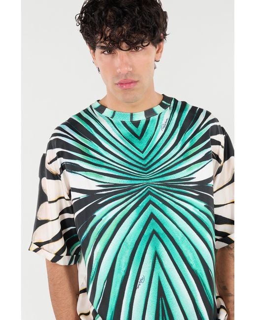 Roberto Cavalli Green Silk Blend T-Shirt With Ray Of Sea Print for men