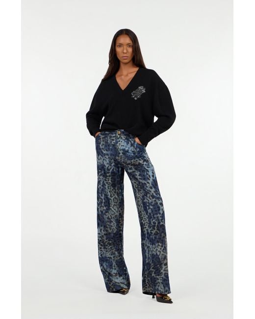 Roberto Cavalli Black Sweater With Monogram Mirror Snake