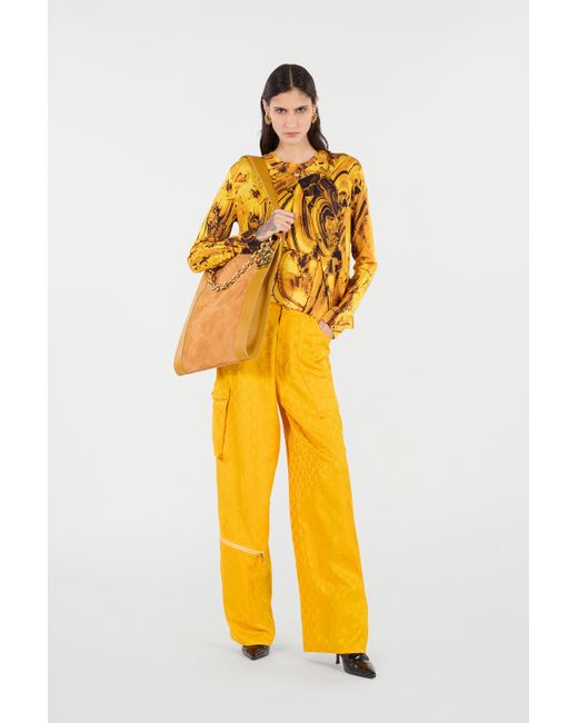 Roberto Cavalli Yellow Silk And Wool Sweater With Tigereye Print