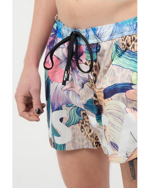 Roberto Cavalli Blue Swim Shorts With Floral And Jaguar Skin Print for men
