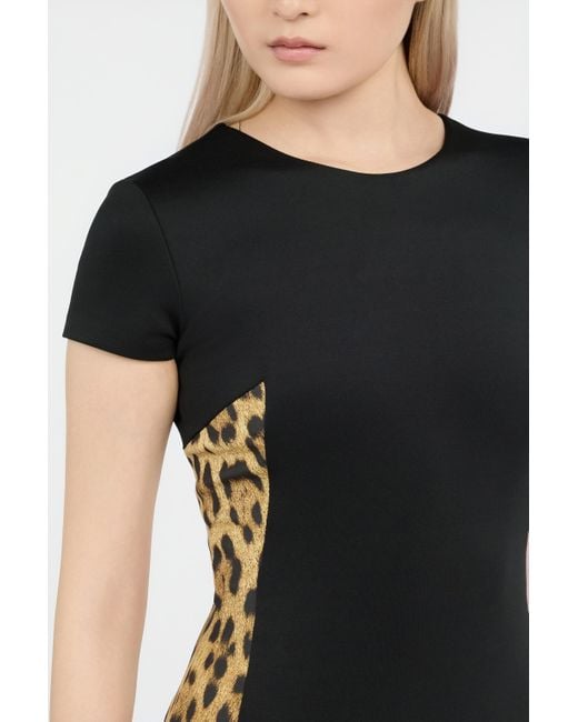 Roberto Cavalli Black Midi Dress With Leopard Print Panels