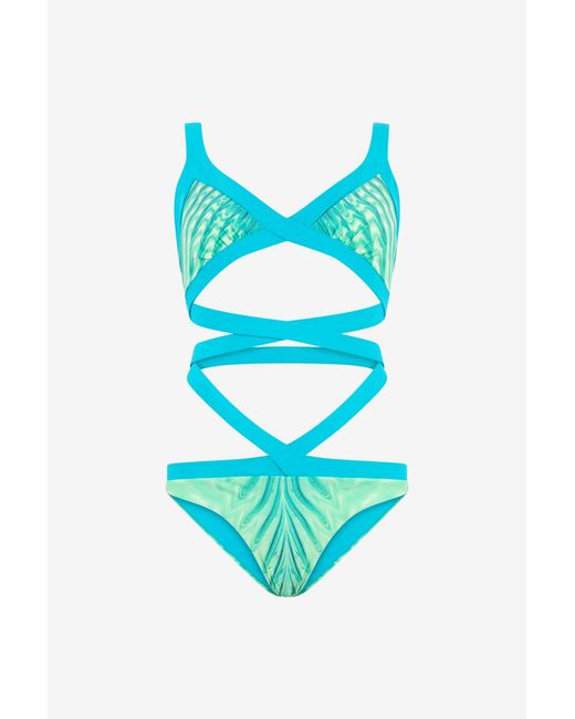 Roberto Cavalli Blue Trikini With Optical Glass Print