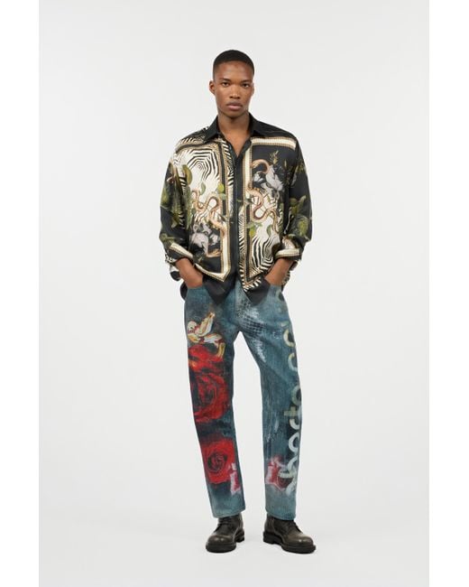 Roberto Cavalli Black Zebra And Snake Print Silk Shirt for men