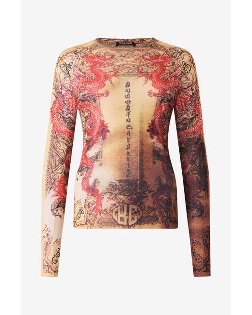 Camiseta De Manga Larga Con Estampado Oriental Roberto Cavalli de color Red