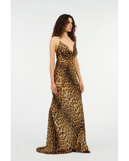 Roberto Cavalli Metallic Long Silk Dress With Jaguar Skin Print