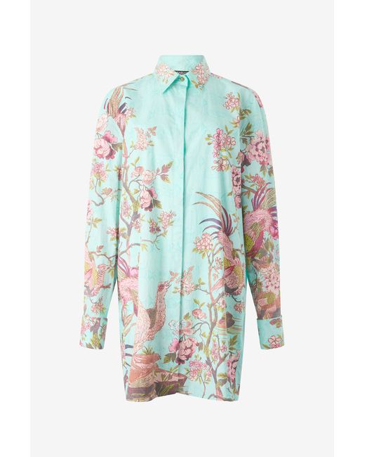 Roberto Cavalli Blue Shirt Dress With Oriental Bird Print