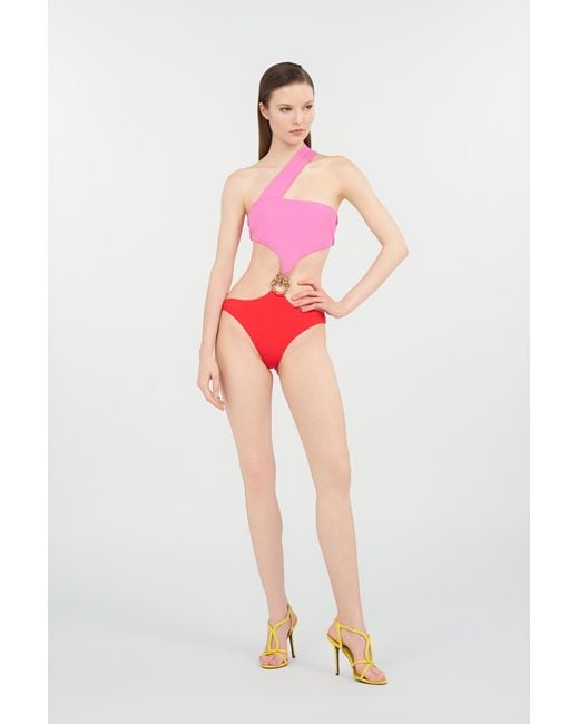 Roberto Cavalli Pink Asymmetrical One-Piece Swimsuit With Jewel Detail