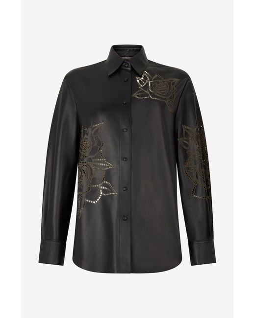 Roberto Cavalli Black Leather Shirt With Perforated Roses