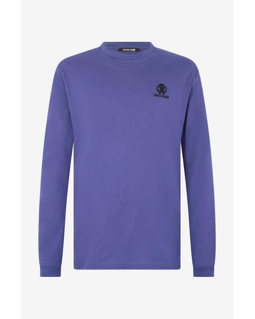 T-Shirt Maniche Lunghe Monogram Rc di Roberto Cavalli in Blue da Uomo