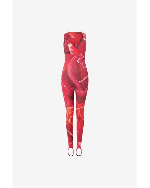 Roberto Cavalli Red Rose-Print Sleeveless Jumpsuit