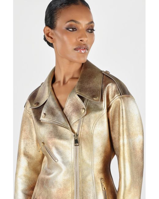 Roberto Cavalli Natural Laminated Leather Biker Jacket