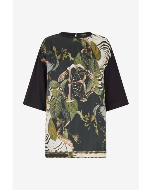 Roberto Cavalli Multicolor T-Shirt With Mirror Snake Monogram And Jungle Print