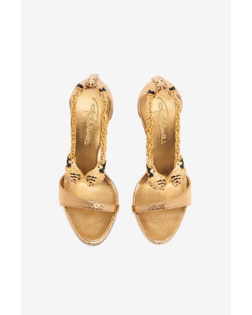 Roberto Cavalli White Sandals With Heel And Bejeweled Tigers