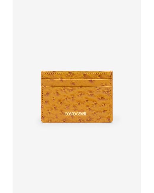 Roberto Cavalli Orange Ostrich-Effect Flat Card Holder