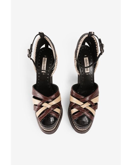 Roberto Cavalli Black Snakeskin-Effect Braided Platform Sandals
