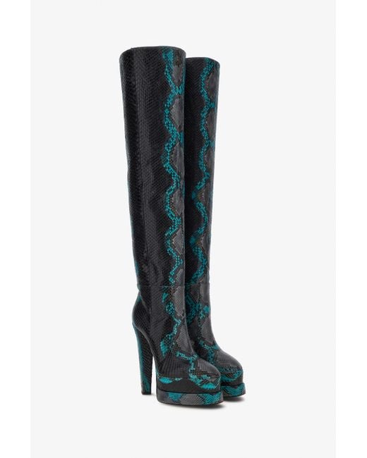 Roberto Cavalli Black Embossed Python Knee-High Boots