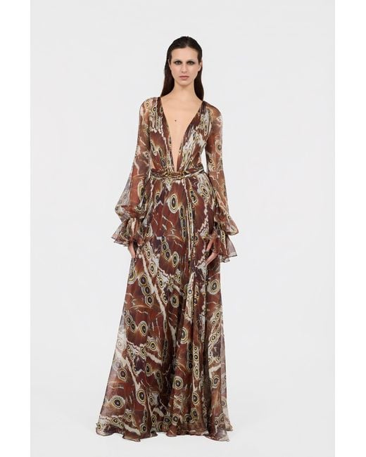 Roberto Cavalli Brown Night Butterfly Print Maxi Dress