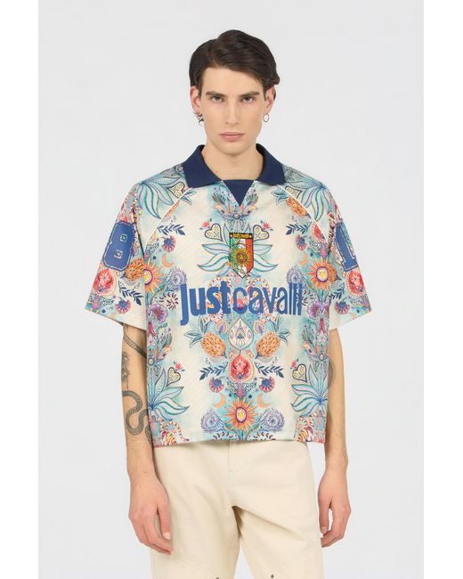 Roberto Cavalli Blue Tropical Garden Print T-Shirt for men