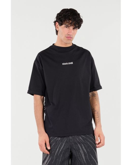 Roberto Cavalli Black Cotton T-Shirt With Tigers And Logo for men